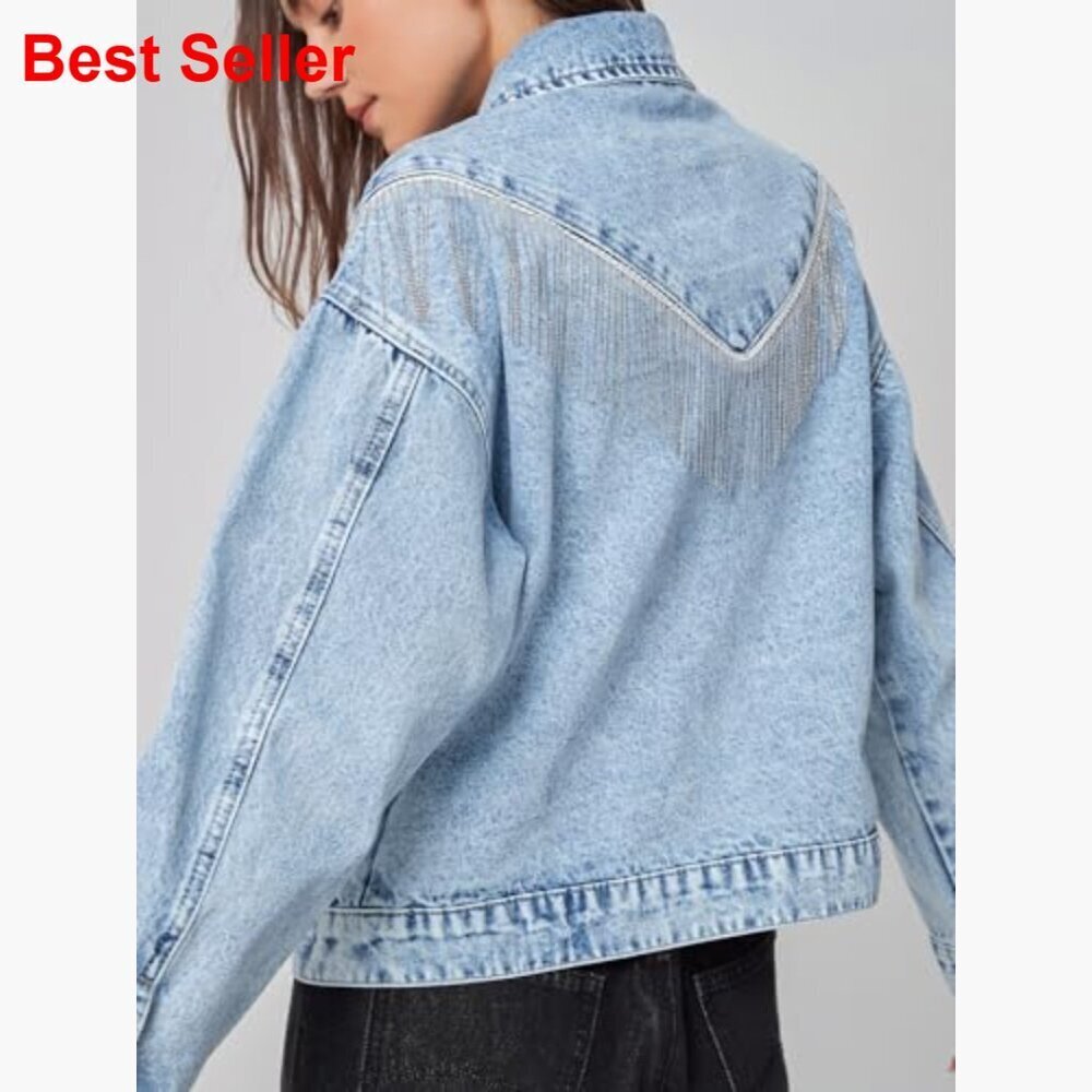 Fringed Denim Jacket Oversized Tassel Sparkly Western Style - Picture 3 of 7